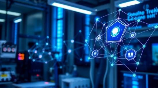 innovative synergetic technology, thoughtful, connecting, photorealistic, in a high-tech lab with holographic interfaces, highly detailed, pulsating energy fields, high resolution, metallic tones, bright spotlight, shot with a telephoto lens.