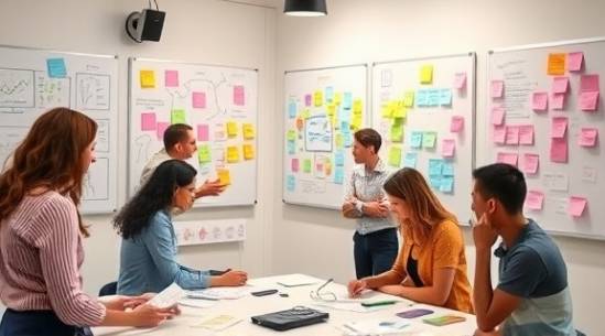 creative synergetic innovation, curious, brainstorming, photorealistic, at a collaborative workspace with whiteboards and sticky notes, highly detailed, moving ideas visibly animated, crisp detail, vibrant pastels, natural daylight, shot with a 50mm lens.