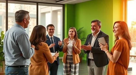 empowering synergetic synergy, motivated, leading, photorealistic, in an eco-friendly corporate setting with green walls, highly detailed, interactive discussions amongst team, pristine rendering, earth tones, warm sunlight, shot with a zoom lens.