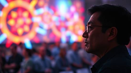 visionary synergetic innovation, determined, envisioning, photorealistic, at a creative symposium with holographic visuals, highly detailed, projected holograms evolving, immaculate sharpness, primary color spectrum, focused spotlight, shot with a 35mm lens.