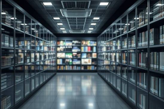 cutting-edge synergetic media, strategic, curating, photorealistic, in a digital content vault with interactive archives, highly detailed, virtual files dynamically opening, high fidelity, grayscale with color highlights, low-key ambient light, shot with a telephoto lens.