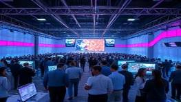 synergetic innovation, forward-thinking expression, evolving rapidly, photorealistic, bustling tech conference setting, highly detailed, interactive holographic displays, ultra high definition, vibrant colors, balanced artificial lighting, shot with a 35mm lens.