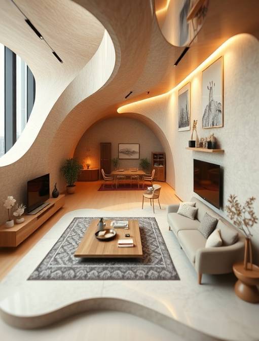 synergetic design, creative expression, flowing dynamically, photorealistic, modern interior design studio, highly detailed, intricate model layouts, 3d rendering, earthy palette, diffused downlighting, shot with a tilt-shift lens.